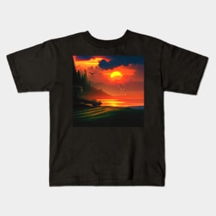 Mountain Lake Summer Sunset Digital Art (MD23SMR011) Kids T-Shirt